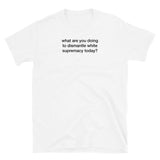 T-shirt white tee with what are you doing to dismantle white supremacy today? print